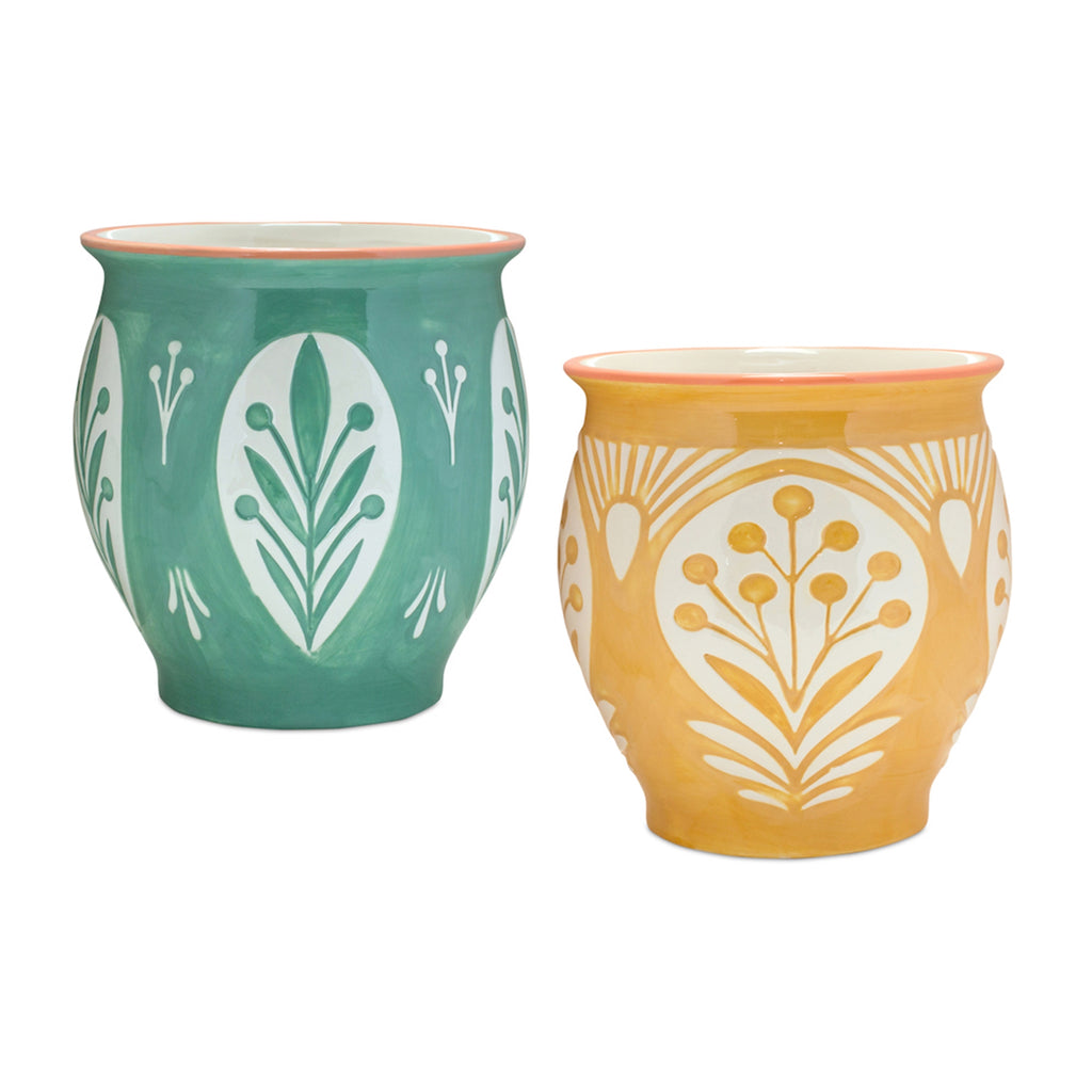 Set of 2, Yellow & Green Ceramic Pot - Bombay Mercantile