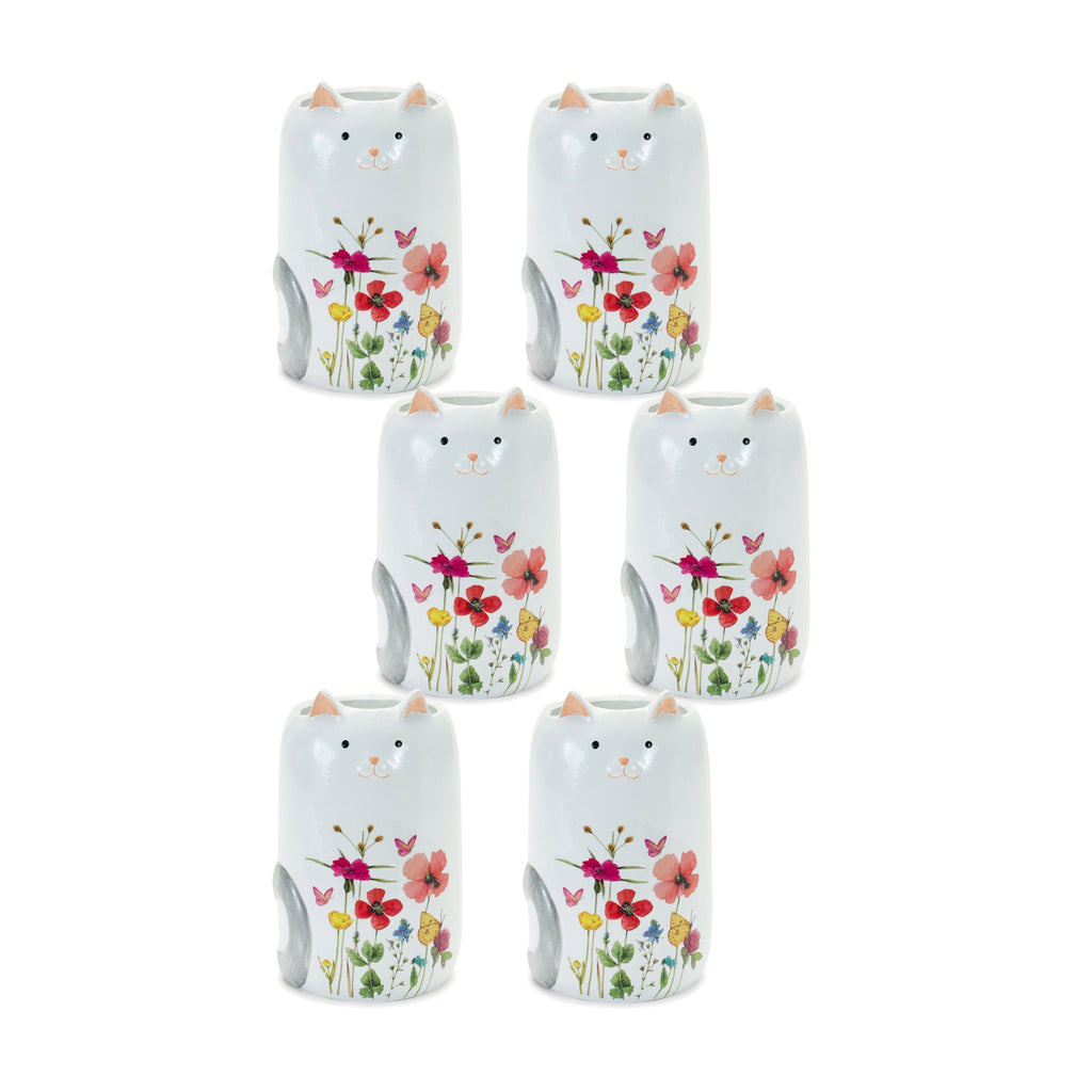 Set of 6, Terra Cotta Floral Cat Planter - Bombay Mercantile