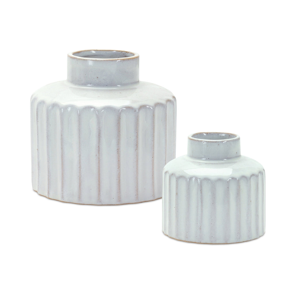 Set of 2, White Corrugated Porcelain Vase - Bombay Mercantile