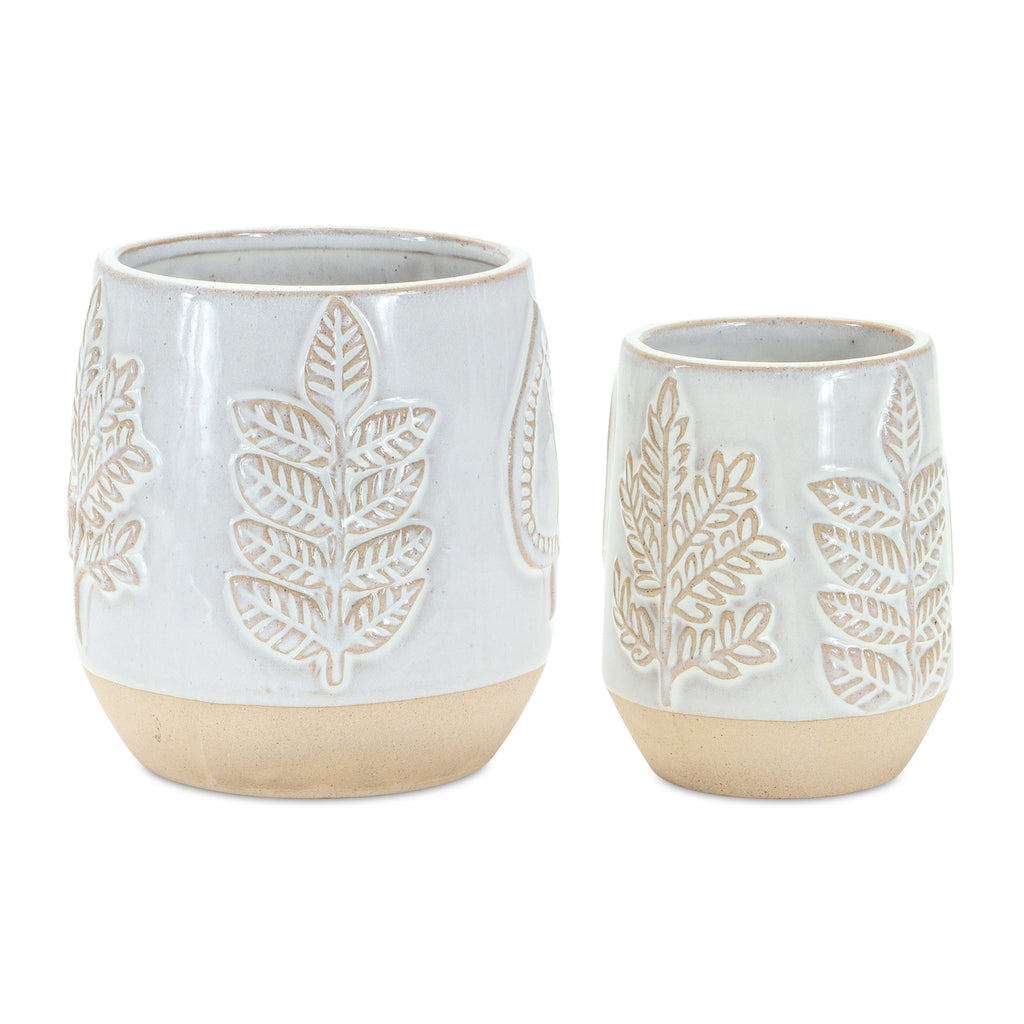 Set of 2, Leaf Embossed Porcelain Vase - Bombay Mercantile