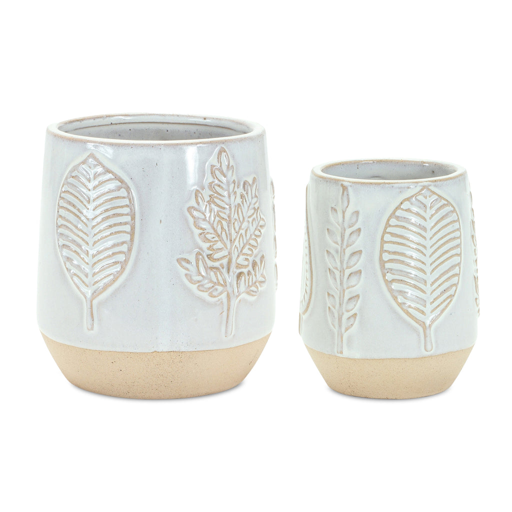 Set of 2, Leaf Embossed Porcelain Vase - Bombay Mercantile
