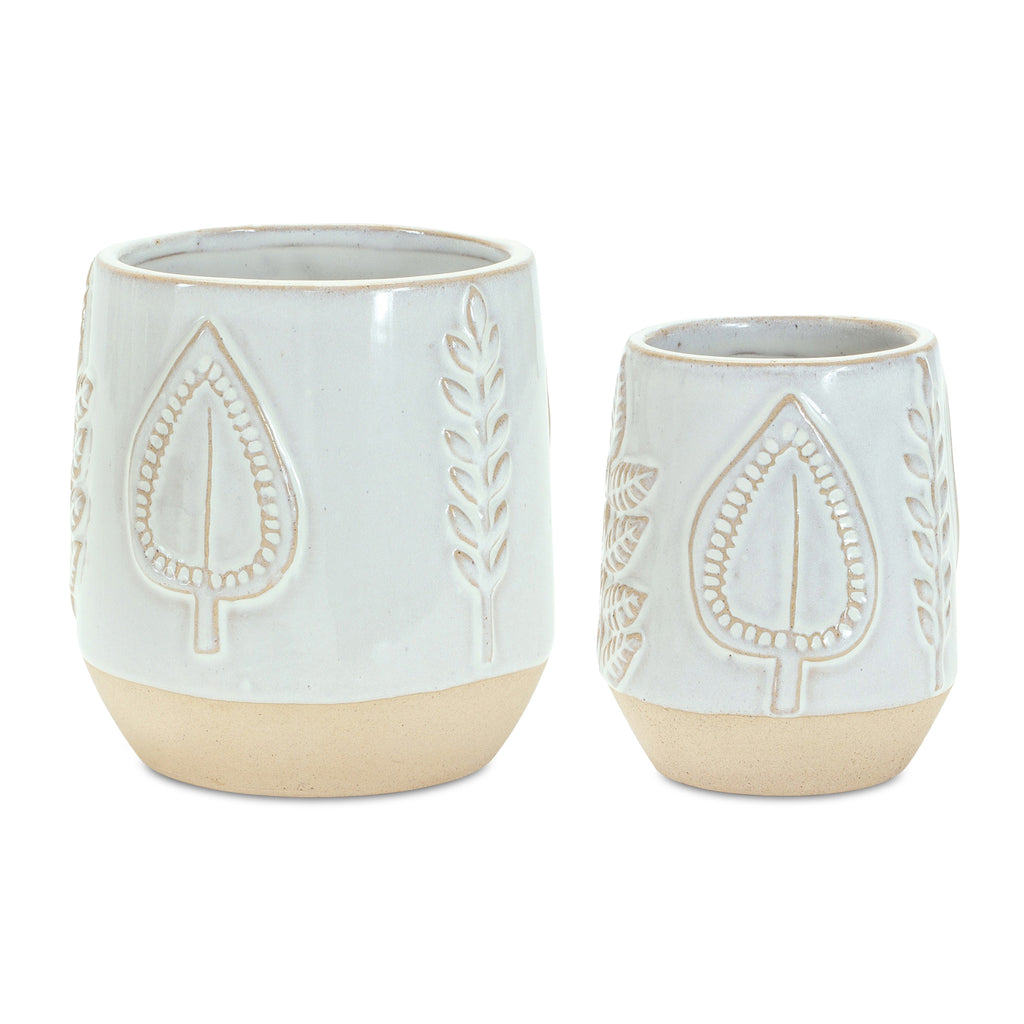 Set of 2, Leaf Embossed Porcelain Vase - Bombay Mercantile