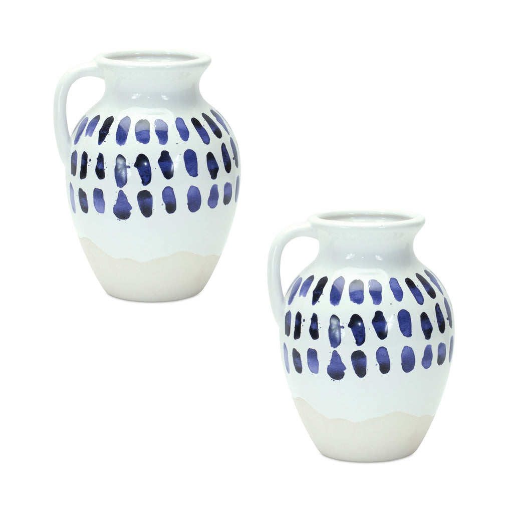 Set of 2, White & Indigo Ceramic Pitcher - Bombay Mercantile