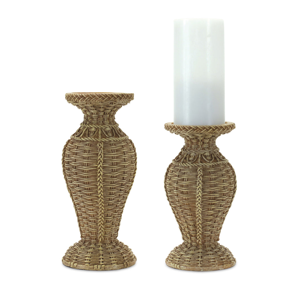 Set of 2, Cane Finished Candle Holder - Bombay Mercantile