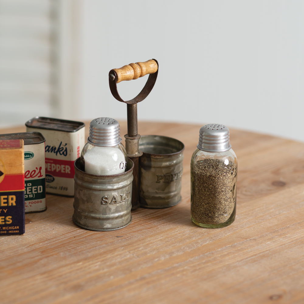 Galvanized Salt and Pepper Caddy with Wood Handle - Bombay Mercantile