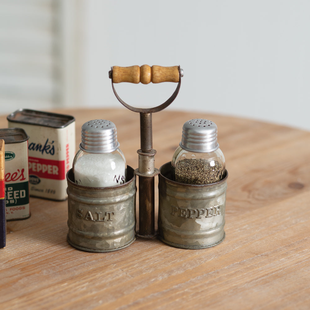 Galvanized Salt and Pepper Caddy with Wood Handle - Bombay Mercantile