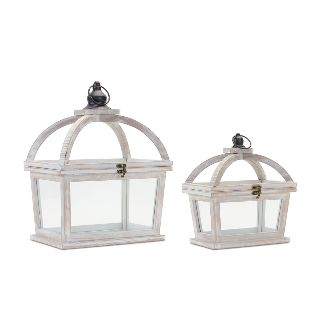 Set of 2 White Wooden Lantern With Lock - Bombay Mercantile