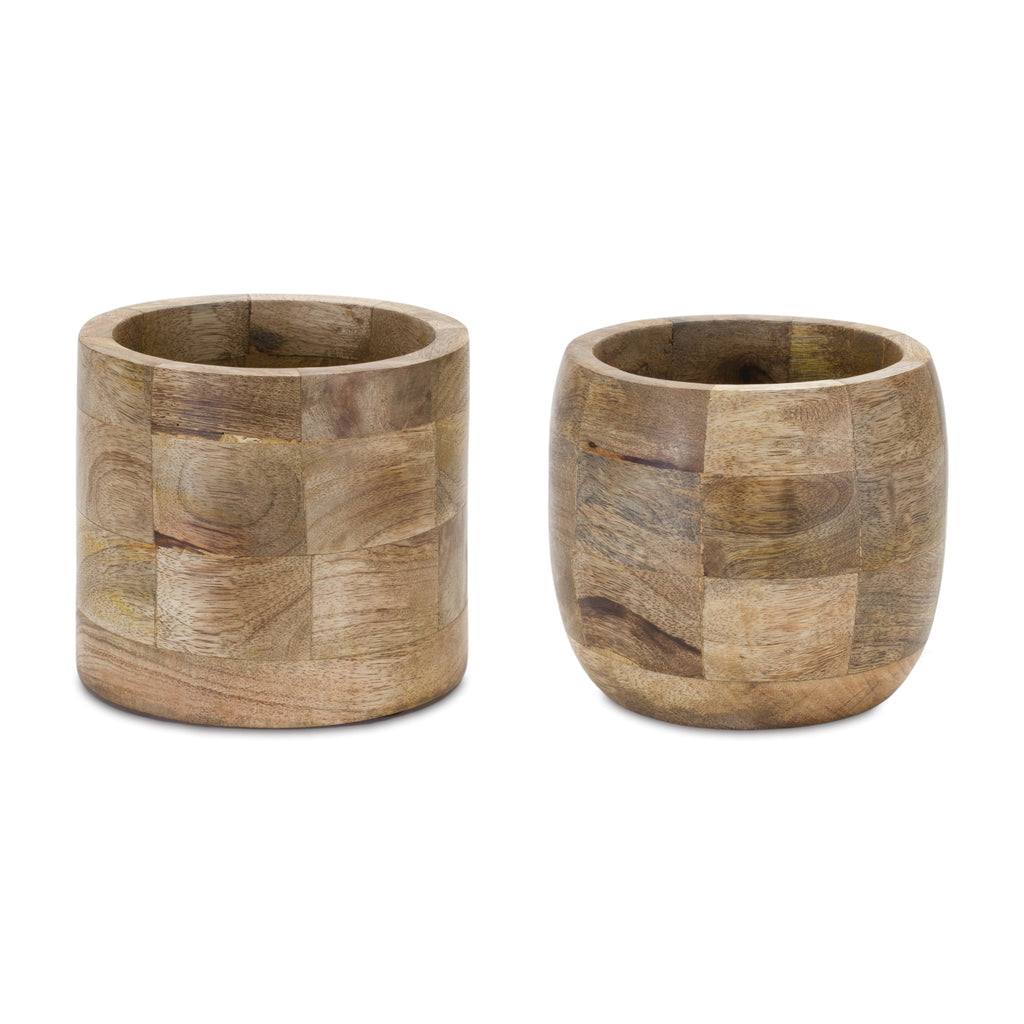 Set of 2 Different Shape Wooden Pot - Bombay Mercantile