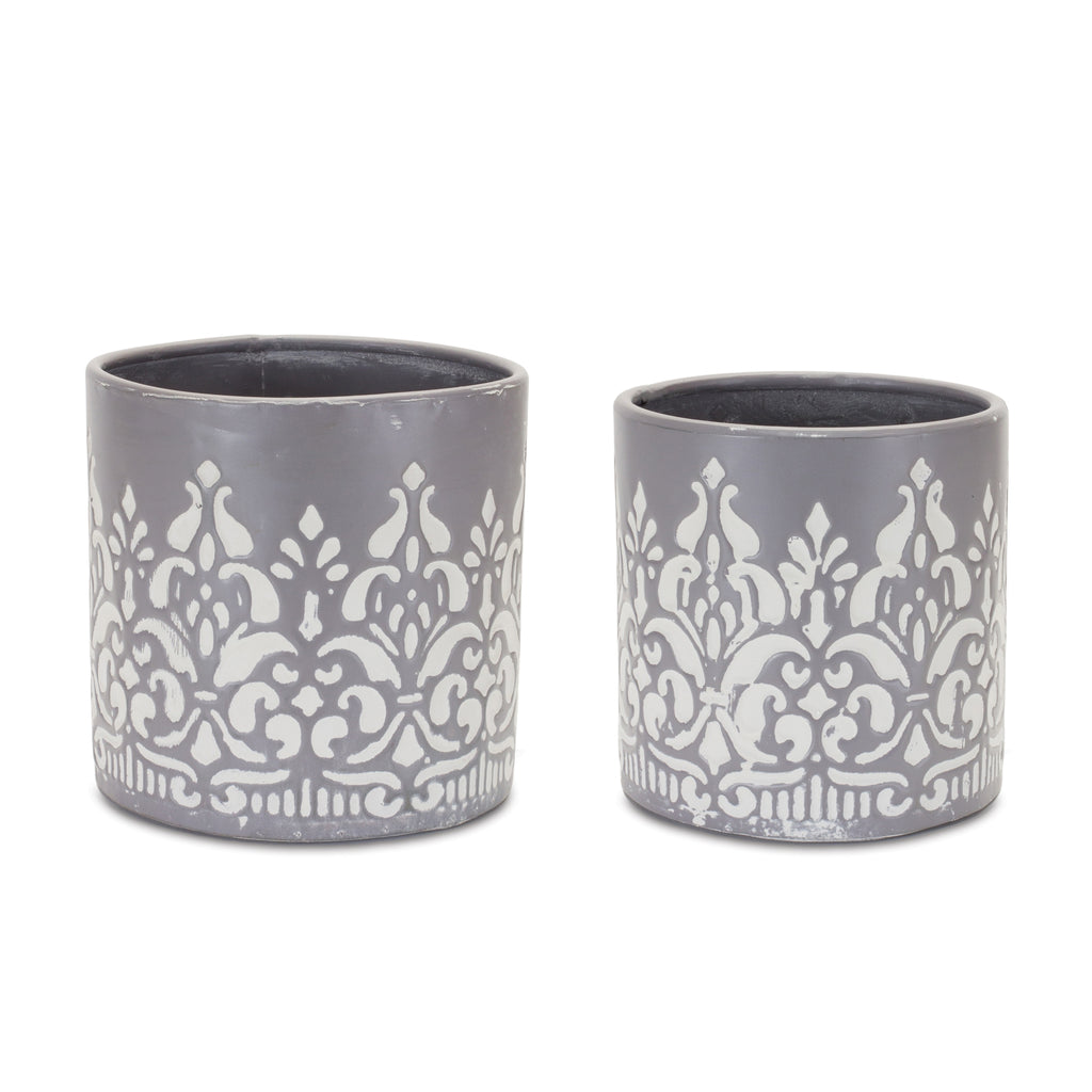 Set of 2, White Stencil Print Planter - Bombay Mercantile