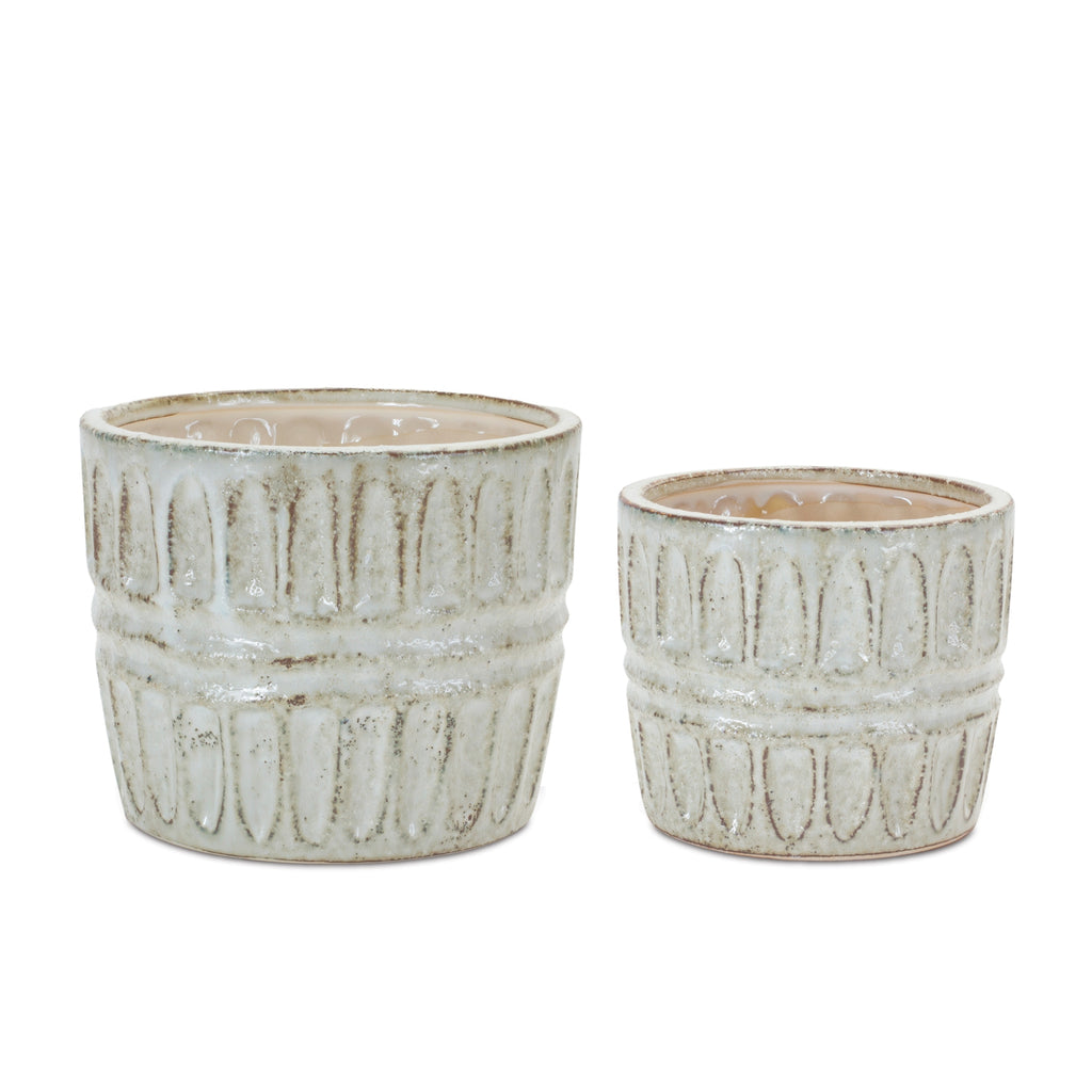 Set of 2, Terracotta Off White Pots - Bombay Mercantile