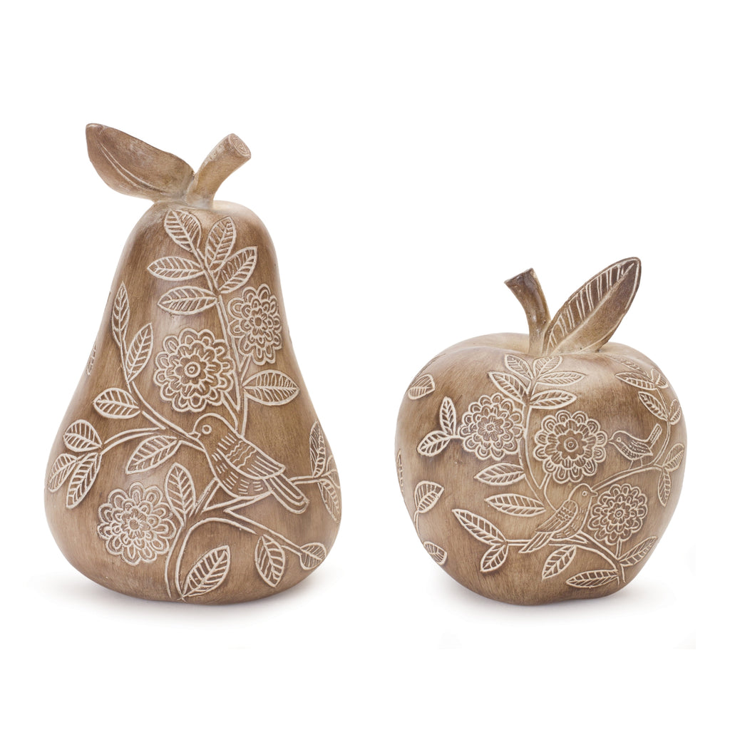 Set of 2 Carved Bird and Apple - Bombay Mercantile