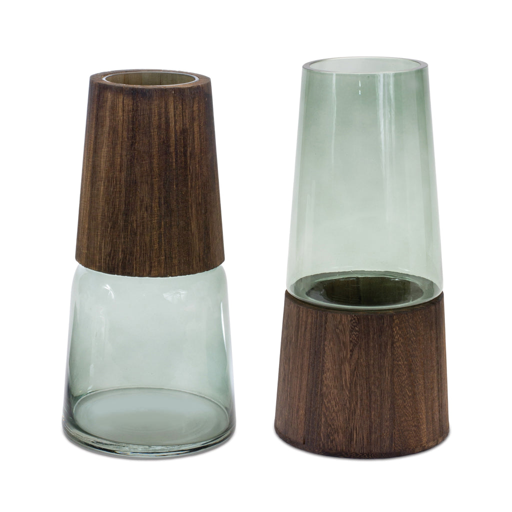 Set of 2 Glass/ Wood Vases - Bombay Mercantile