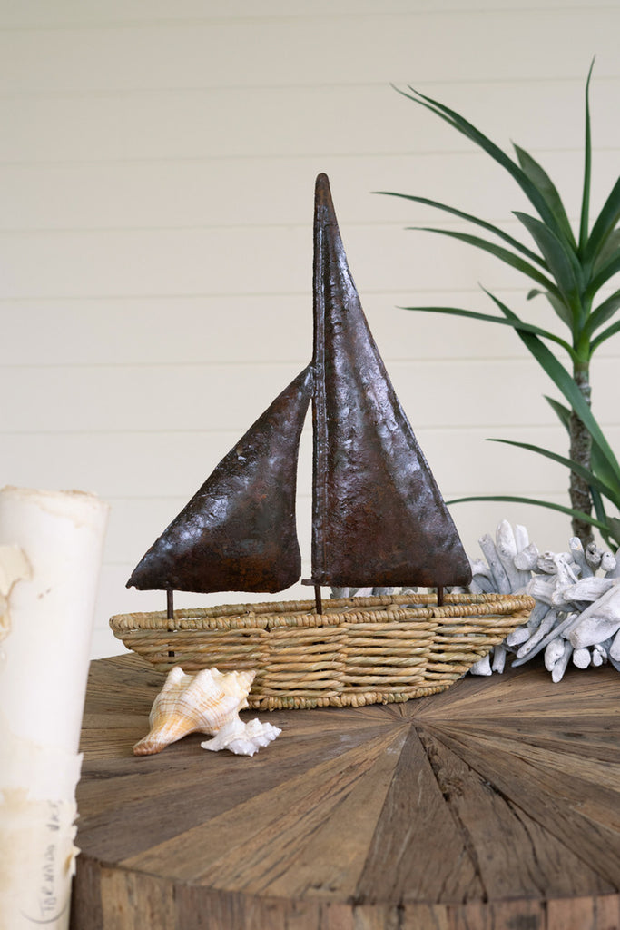 Seagrass Boat with Rustic Hand-Hammered Metal Sail - Bombay Mercantile