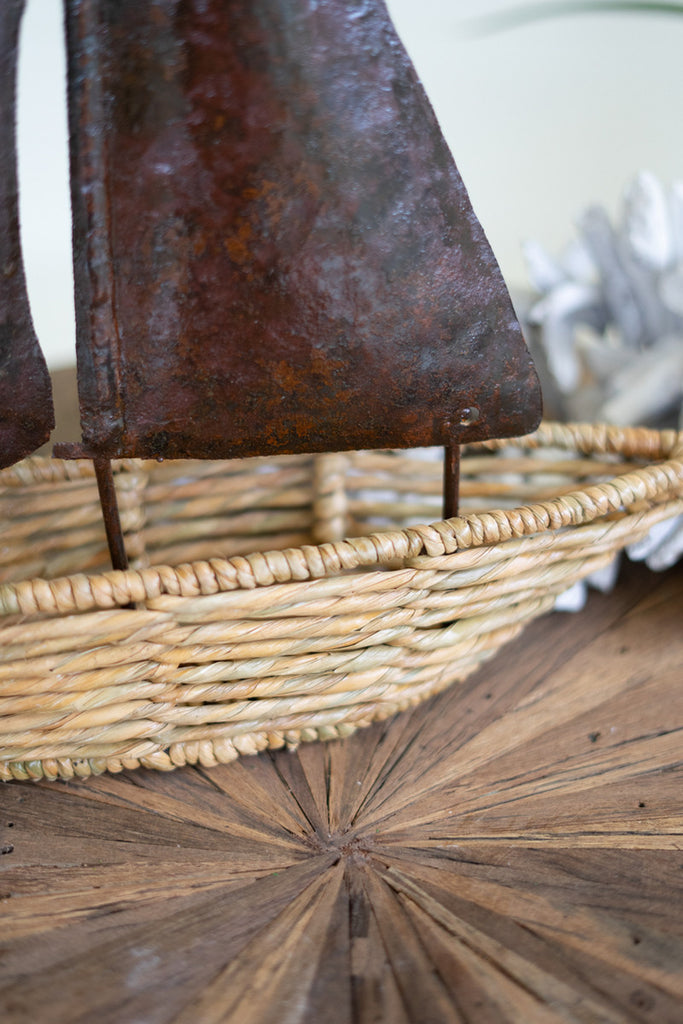 Seagrass Boat with Rustic Hand-Hammered Metal Sail - Bombay Mercantile