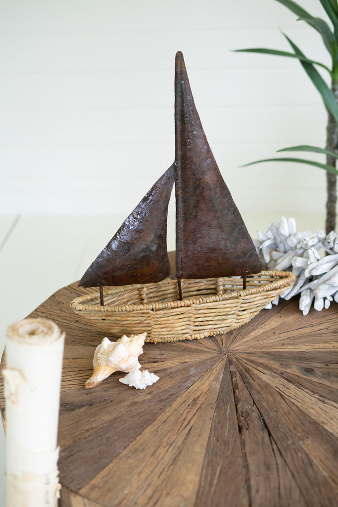 Seagrass Boat with Rustic Hand-Hammered Metal Sail - Bombay Mercantile
