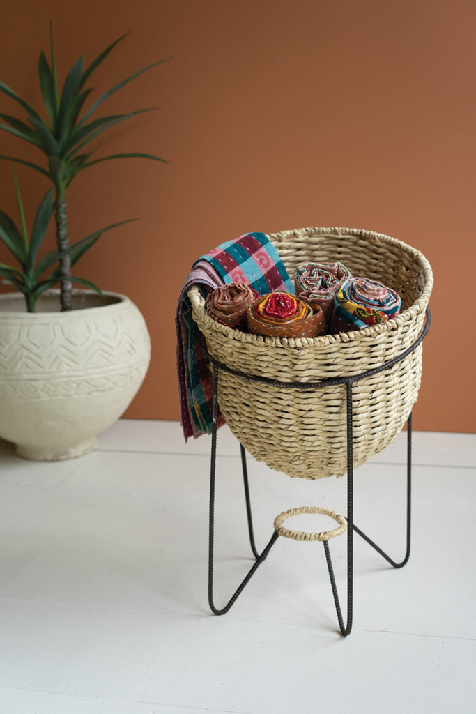 Woven Seagrass Display Basket with Angled Metal Stand - Bombay Mercantile