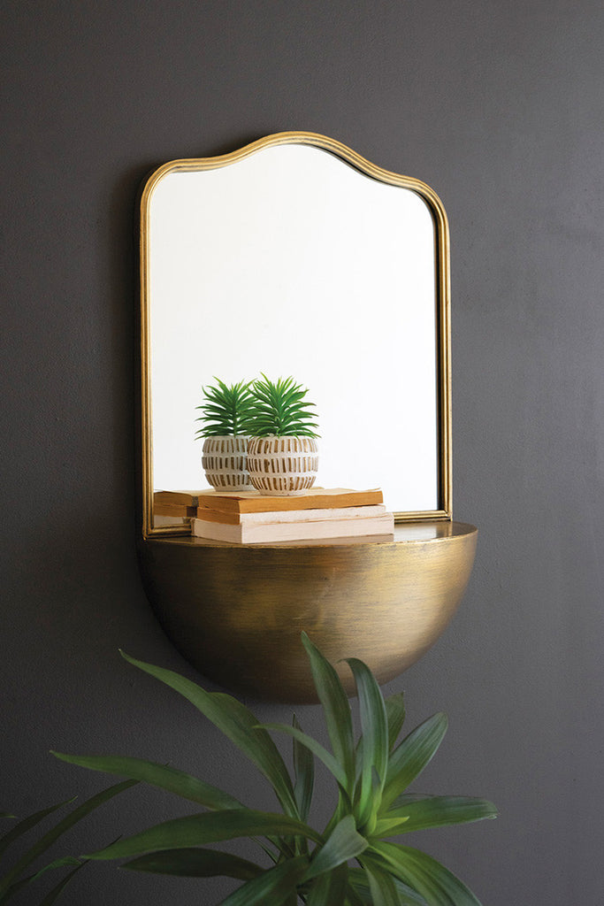 Antique Brass Metal Framed Mirror with Demi-Lune Shelf - Bombay Mercantile