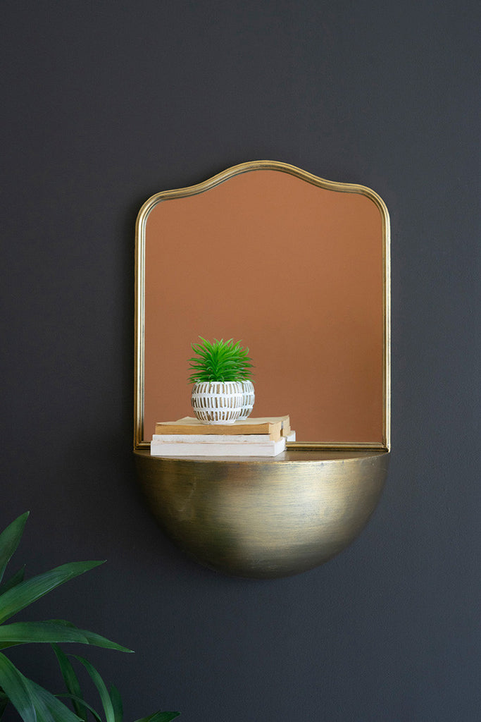 Antique Brass Metal Framed Mirror with Demi-Lune Shelf - Bombay Mercantile