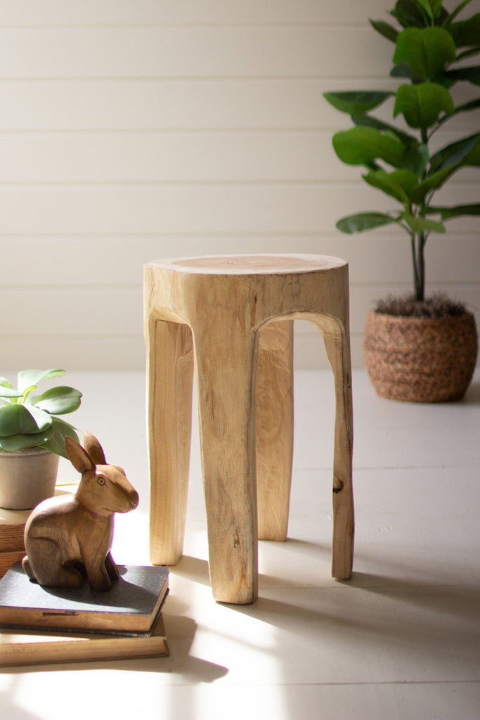 Carved Wooden Four-Legged Stool - Bombay Mercantile