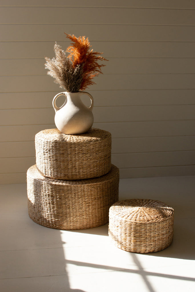 Set of 3 Round Natural Seagrass Stools - Bombay Mercantile