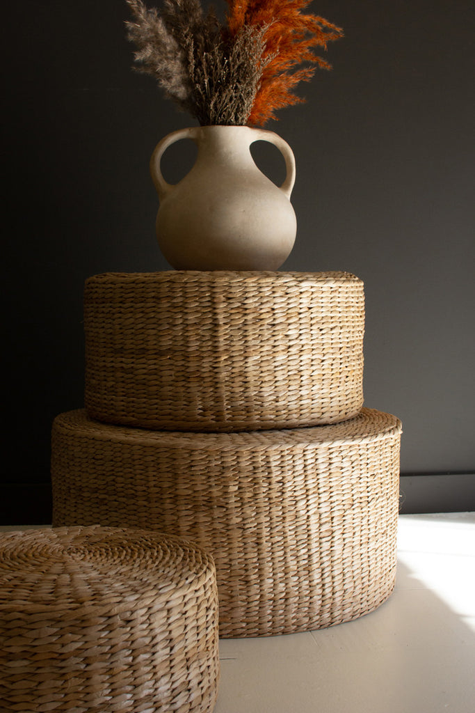 Set of 3 Round Natural Seagrass Stools - Bombay Mercantile