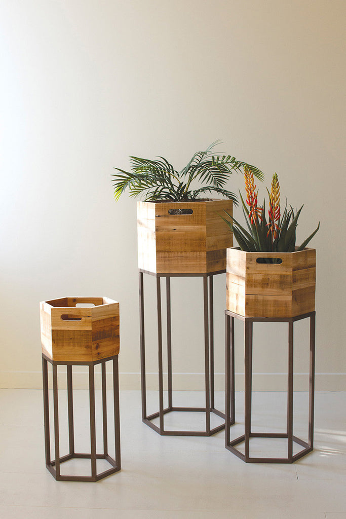 Set of 3 Hexagon Recycled Wood Planters on Metal Bases - Bombay Mercantile