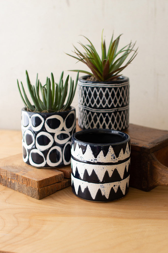 3 Navy Ceramic Pattern Planters, Set of 2 - Bombay Mercantile