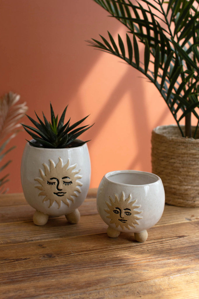 2 Ceramic Sun Face Planters with Ball Feet, Set of 2 - Bombay Mercantile