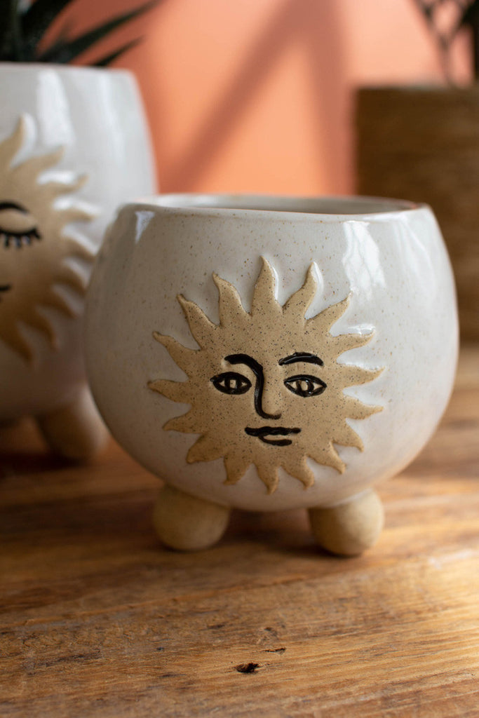 2 Ceramic Sun Face Planters with Ball Feet, Set of 2 - Bombay Mercantile