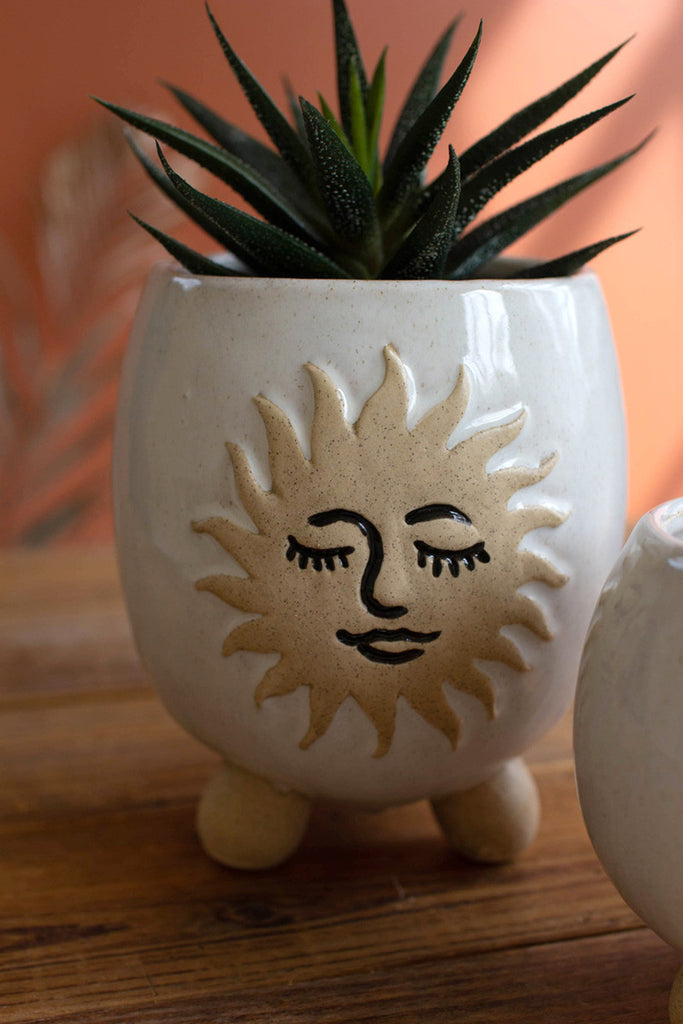 2 Ceramic Sun Face Planters with Ball Feet, Set of 2 - Bombay Mercantile
