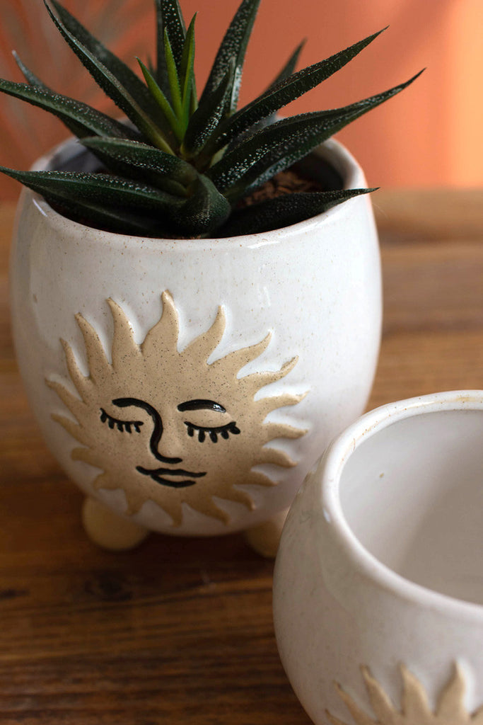 2 Ceramic Sun Face Planters with Ball Feet, Set of 2 - Bombay Mercantile