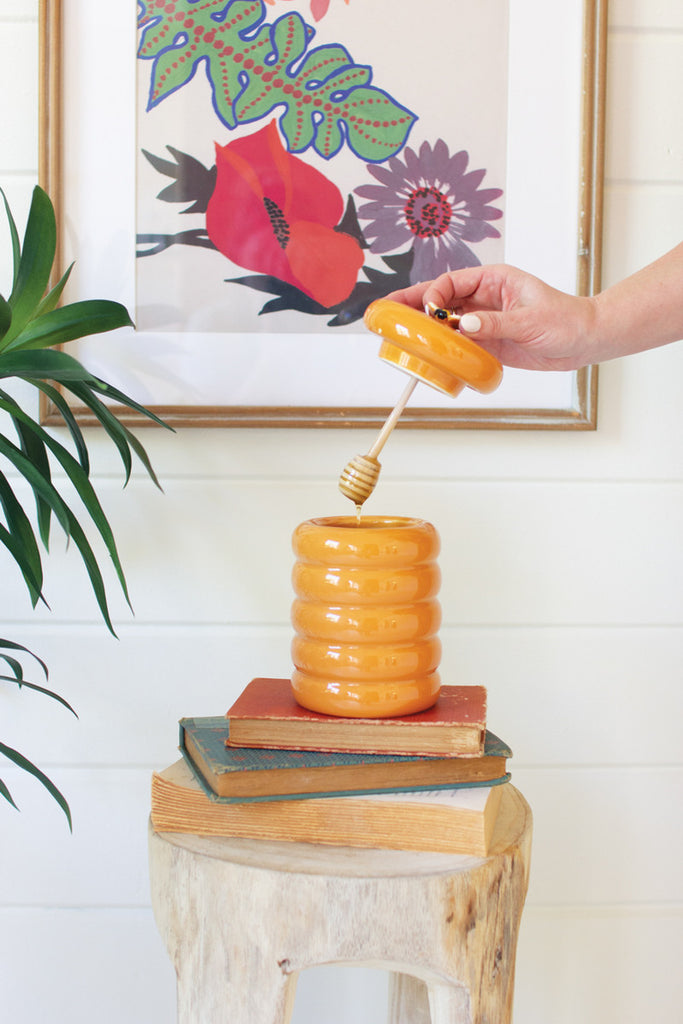 Set of 2, Ceramic Beehive Honey Jar - Bombay Mercantile