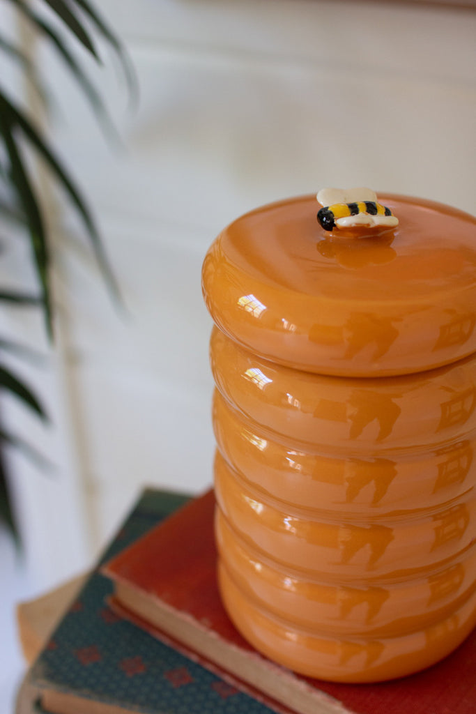 Set of 2, Ceramic Beehive Honey Jar - Bombay Mercantile