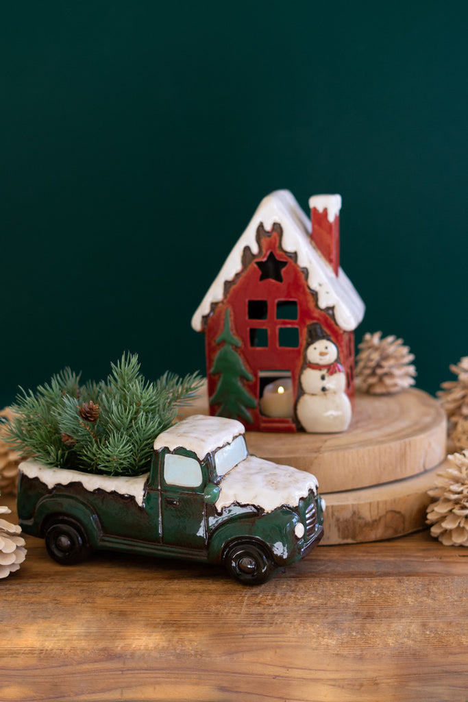Set of 2 Ceramic Christmas Truck and House - Bombay Mercantile