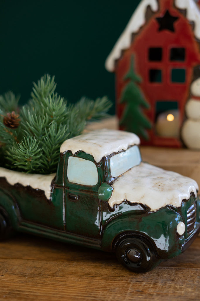 Set of 2 Ceramic Christmas Truck and House - Bombay Mercantile