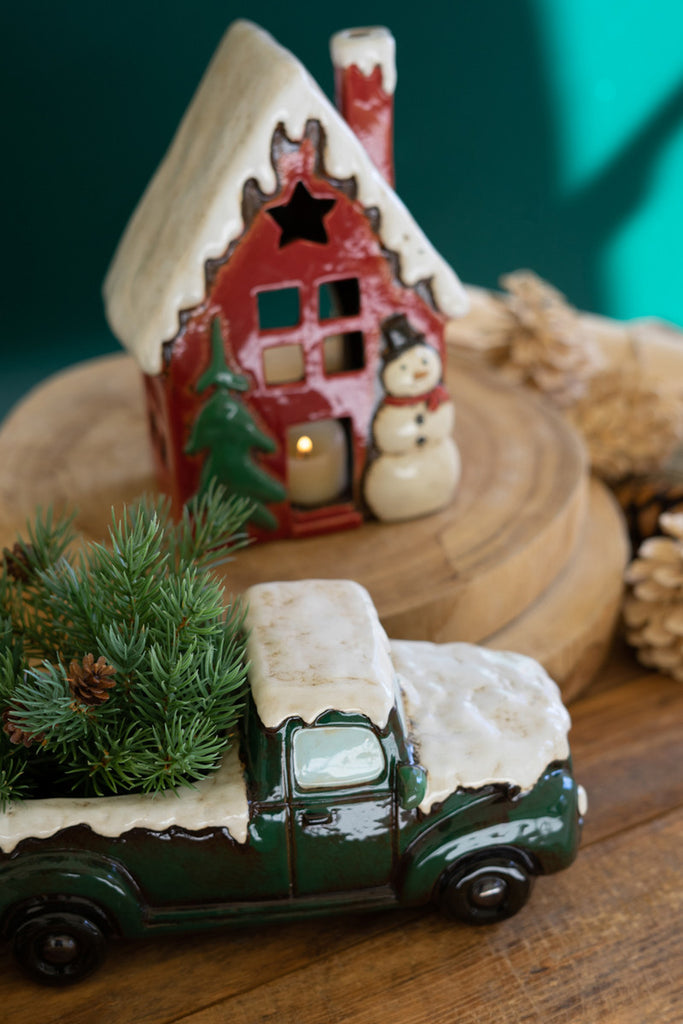 Set of 2 Ceramic Christmas Truck and House - Bombay Mercantile