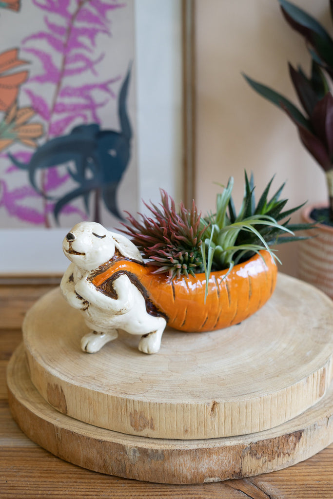 Ceramic Rabbit Pulling a Carrot Planter, Set of 2 - Bombay Mercantile