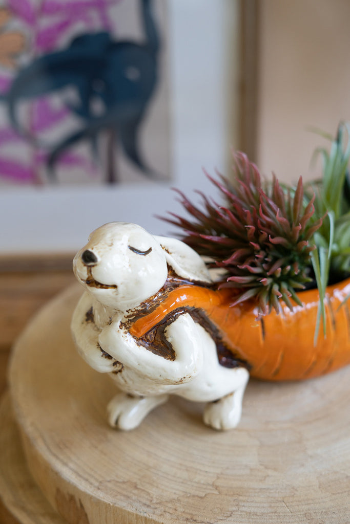 Ceramic Rabbit Pulling a Carrot Planter, Set of 2 - Bombay Mercantile