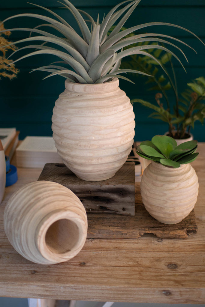 Set of 3 Natural Wood Gourd Pots - Bombay Mercantile