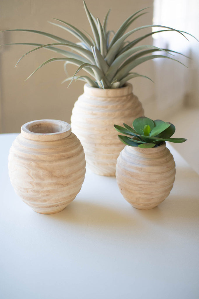 Set of 3 Natural Wood Gourd Pots - Bombay Mercantile