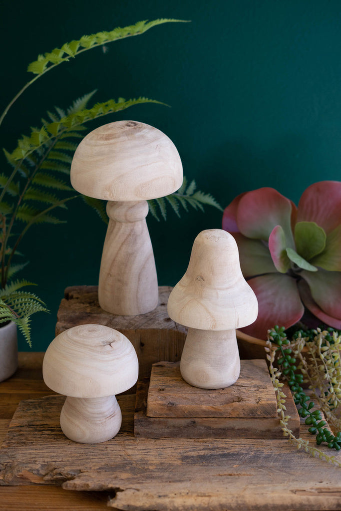 Set of 3 Natural Wood Mushrooms - Bombay Mercantile