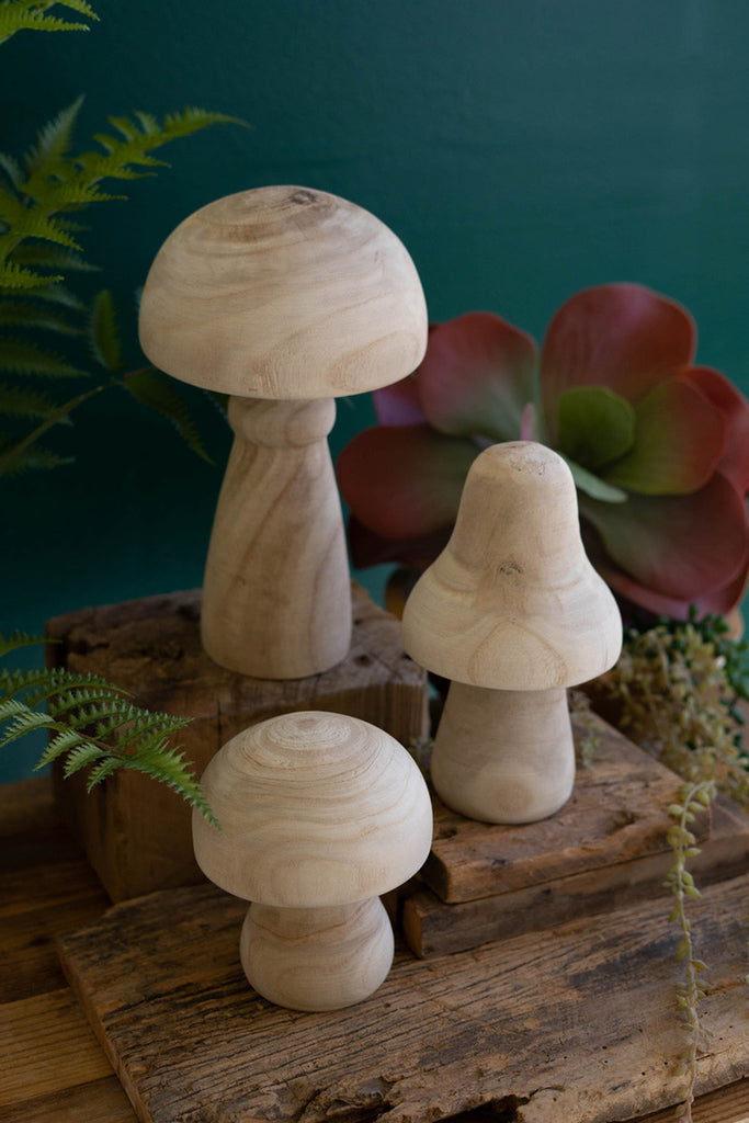 Set of 3 Natural Wood Mushrooms - Bombay Mercantile
