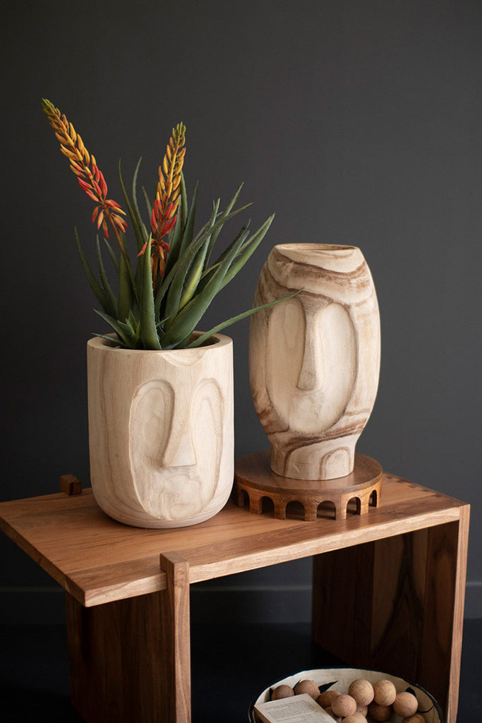 Set of 2 Wood Hand-Carved Face Planters - Bombay Mercantile