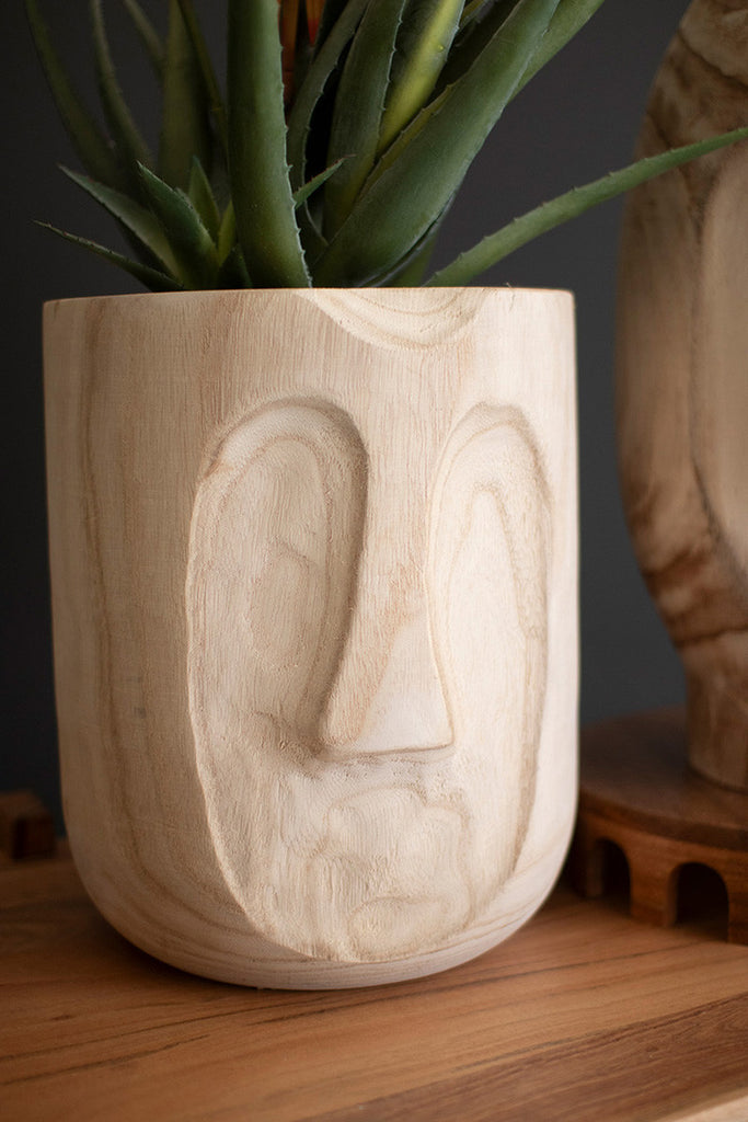 Set of 2 Wood Hand-Carved Face Planters - Bombay Mercantile