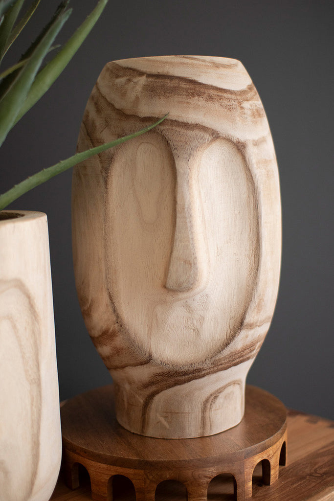 Set of 2 Wood Hand-Carved Face Planters - Bombay Mercantile