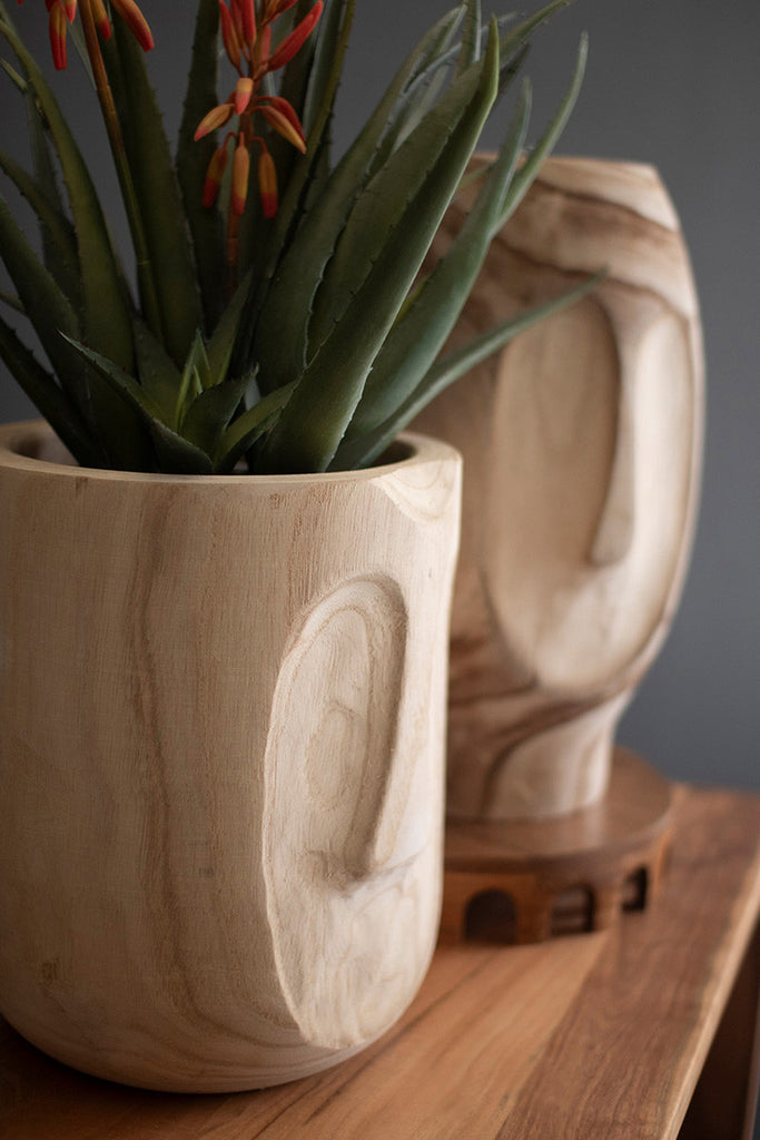 Set of 2 Wood Hand-Carved Face Planters - Bombay Mercantile