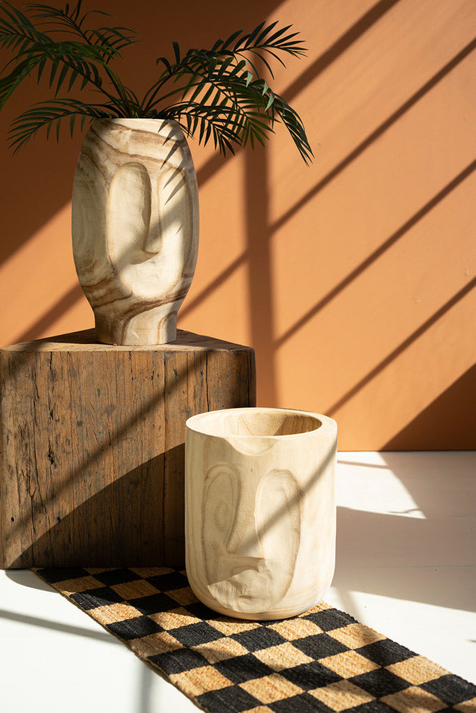 Set of 2 Wood Hand-Carved Face Planters - Bombay Mercantile