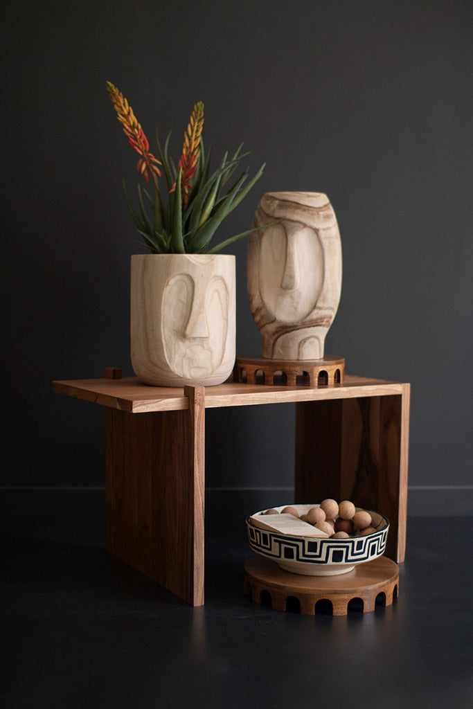 Set of 2 Wood Hand-Carved Face Planters - Bombay Mercantile