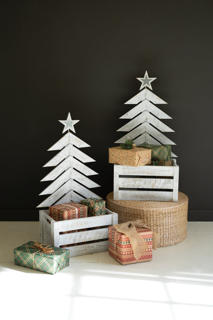 Recycled Distressed White Wood Christmas Tree with Crate - Bombay Mercantile