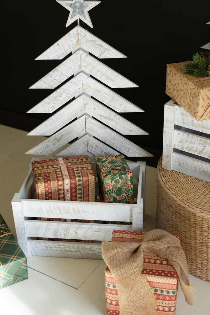 Recycled Distressed White Wood Christmas Tree with Crate - Bombay Mercantile